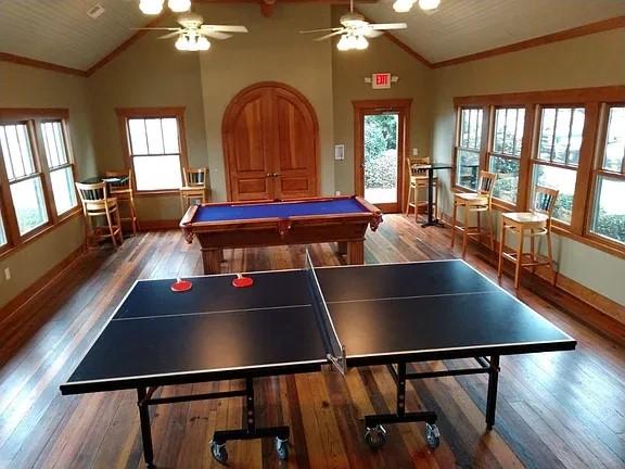 1132 Harts Ridge Dr, Seneca, SC 29678 - playroom featuring vaulted ceiling, ceiling fan, hardwood / wood-style flooring, billiards, and crown molding