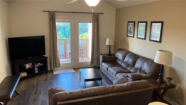 1132 Harts Ridge Dr, Seneca, SC 29678 - living area featuring dark wood finished floors, lofted ceiling, and a ceiling fan