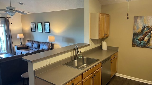 1132 Harts Ridge Dr, Seneca, SC 29678 - kitchen featuring open floor plan, stainless steel dishwasher, dark wood finished floors, ceiling fan, and plenty of natural light