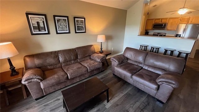 1132 Harts Ridge Dr, Seneca, SC 29678 - living room with lofted ceiling, wood finished floors, and a ceiling fan