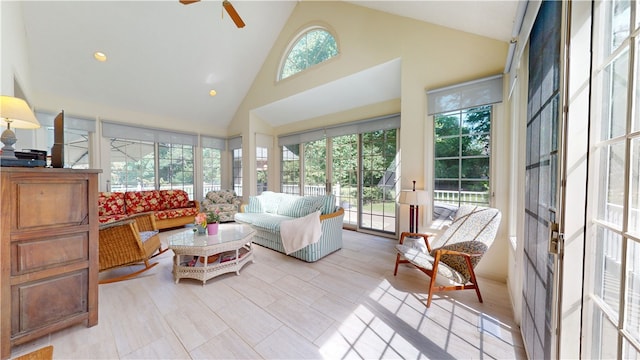 203 Ashley Rd, Clemson, SC 29631 - living area with high vaulted ceiling and a ceiling fan