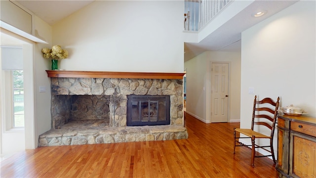 203 Ashley Rd, Clemson, SC 29631 - living room featuring a stone fireplace, wood finished floors, and a high ceiling