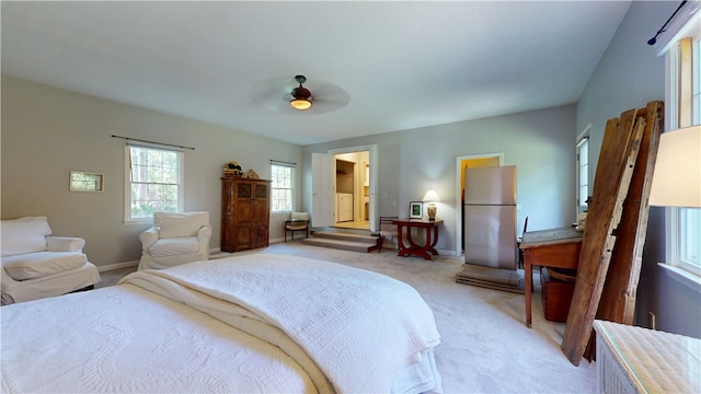 203 Ashley Rd, Clemson, SC 29631 - bedroom featuring freestanding refrigerator, light colored carpet, and ceiling fan
