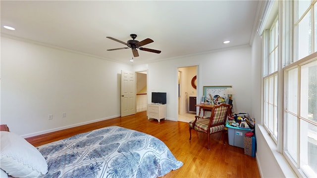 203 Ashley Rd, Clemson, SC 29631 - bedroom with wood finished floors, ornamental molding, recessed lighting, ceiling fan, and ensuite bathroom