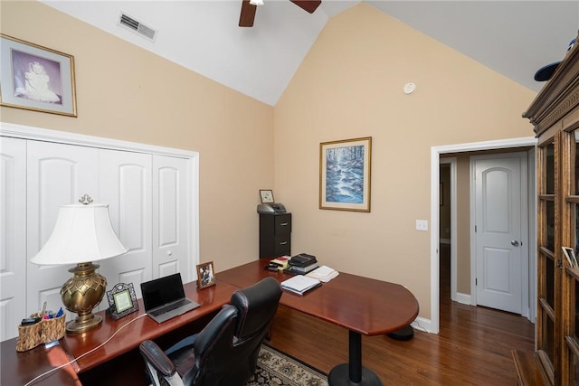 1339 Griffin Mill Rd, Easley, SC 29640 - office featuring ceiling fan, wood finished floors, and high vaulted ceiling