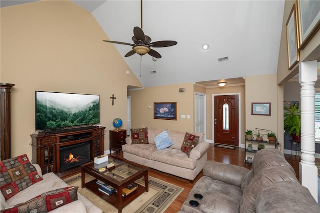 1339 Griffin Mill Rd, Easley, SC 29640 - living area with ceiling fan, high vaulted ceiling, wood finished floors, and a glass covered fireplace