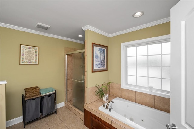 1339 Griffin Mill Rd, Easley, SC 29640 - bathroom featuring a whirlpool tub, a stall shower, ornamental molding, tile patterned floors, and recessed lighting