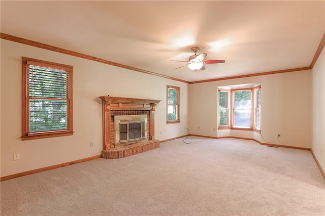 111 Halifax Rd, Easley, SC 29642 - unfurnished living room featuring a ceiling fan, carpet floors, ornamental molding, and a brick fireplace