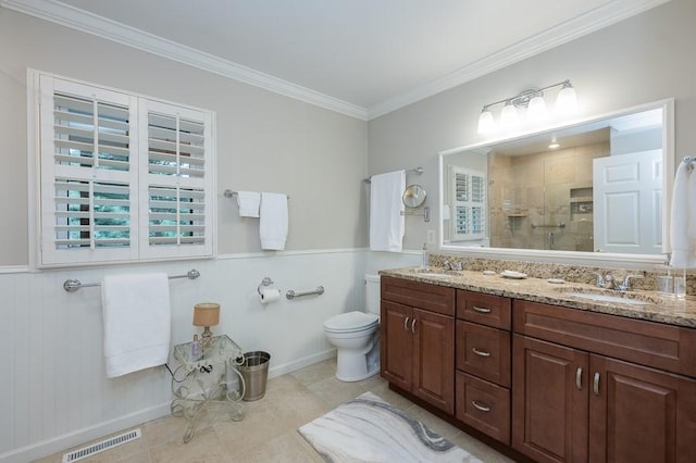 227 E Clearwater Shores Rd, Fair Play, SC 29643 - bathroom with double vanity, a shower stall, crown molding, a wainscoted wall, and tile patterned floors