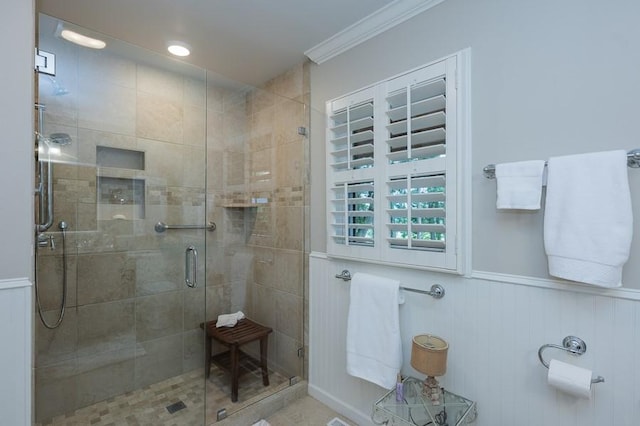 227 E Clearwater Shores Rd, Fair Play, SC 29643 - bathroom with a stall shower, ornamental molding, and wainscoting
