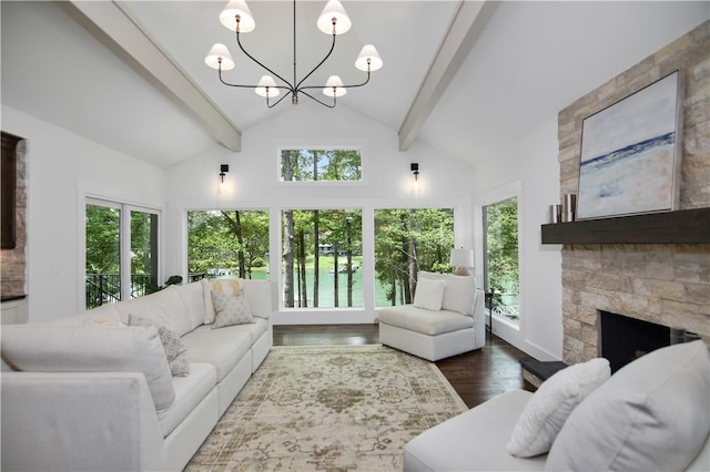 36 Mizzen Ln, Salem, SC 29676 - living room featuring wood finished floors, beam ceiling, a stone fireplace, a chandelier, and high vaulted ceiling
