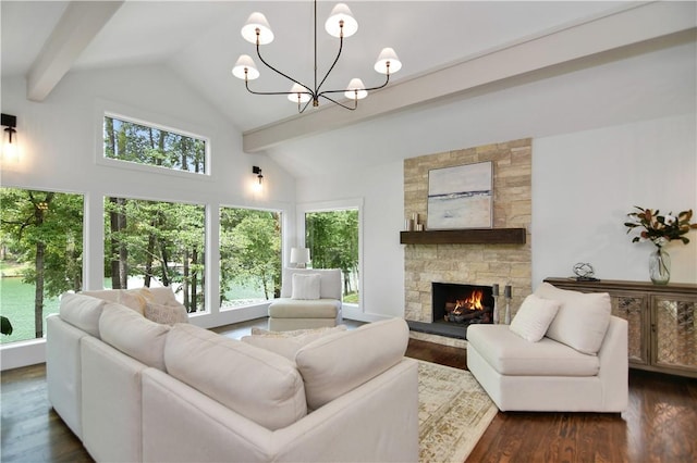 36 Mizzen Ln, Salem, SC 29676 - living room featuring beam ceiling, dark wood-style floors, a chandelier, a fireplace, and high vaulted ceiling