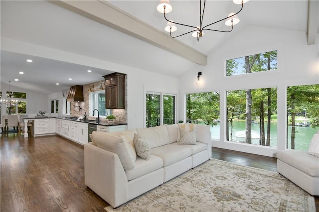 36 Mizzen Ln, Salem, SC 29676 - living room featuring a chandelier, dark wood finished floors, a water view, high vaulted ceiling, and recessed lighting
