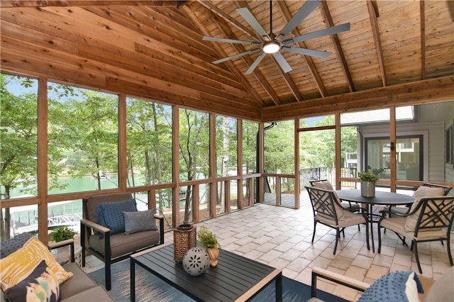 36 Mizzen Ln, Salem, SC 29676 - sunroom / solarium with a ceiling fan, vaulted ceiling, outdoor dining area, outdoor lounge area, and view of wooded area
