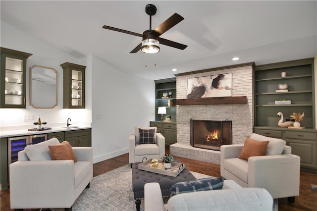 36 Mizzen Ln, Salem, SC 29676 - living room featuring ceiling fan, dark wood-style floors, a brick fireplace, recessed lighting, and built in features