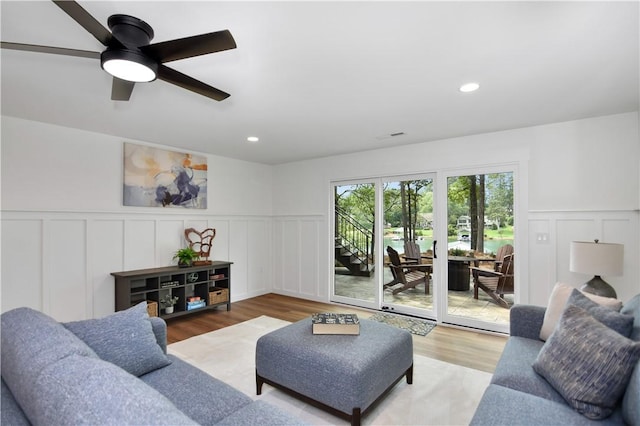 36 Mizzen Ln, Salem, SC 29676 - living room with a decorative wall, wood finished floors, a wainscoted wall, ceiling fan, and recessed lighting