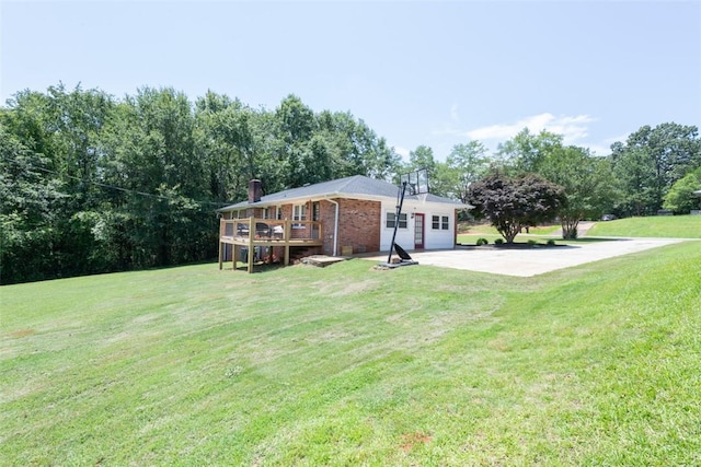 208 Springview Dr, Anderson, SC 29625 - back of property featuring a lawn, a wooden deck, brick siding, and a chimney