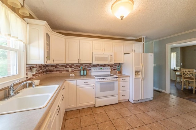 208 Springview Dr, Anderson, SC 29625 - kitchen with white appliances, ornamental molding, a textured ceiling, light countertops, and white cabinets