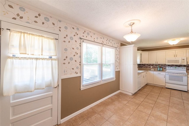 208 Springview Dr, Anderson, SC 29625 - kitchen with white appliances, ornamental molding, a textured ceiling, light tile patterned flooring, and white cabinets