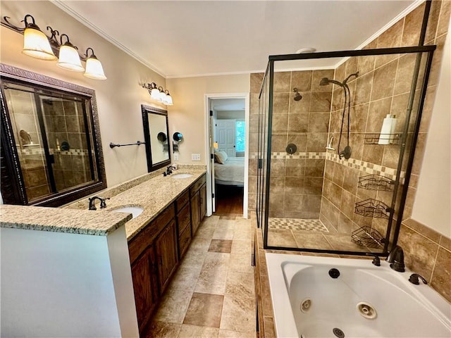 203 Catawbah Rd, Clemson, SC 29631 - ensuite bathroom featuring a tub with jets, a stall shower, ornamental molding, and double vanity