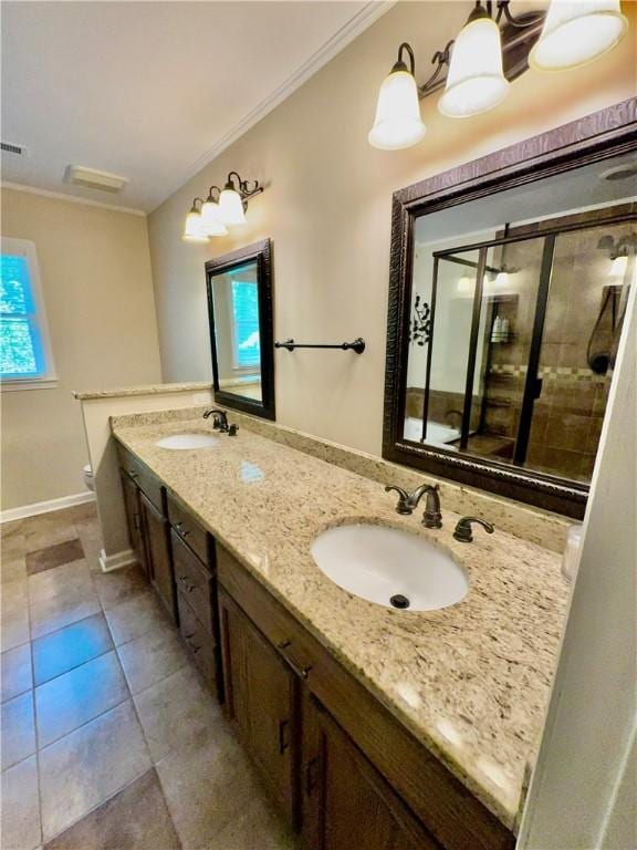 203 Catawbah Rd, Clemson, SC 29631 - full bathroom featuring double vanity, a shower stall, tile patterned flooring, and ornamental molding