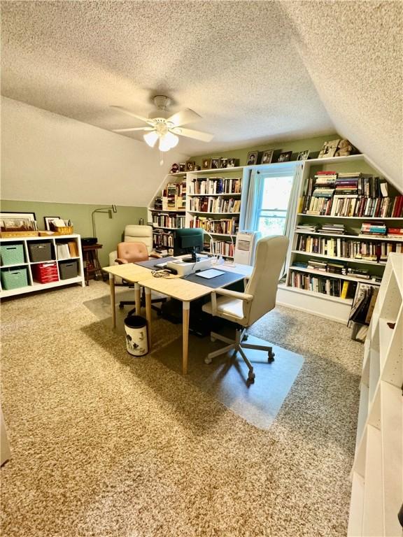 203 Catawbah Rd, Clemson, SC 29631 - office area featuring a textured ceiling, carpet flooring, lofted ceiling, and ceiling fan