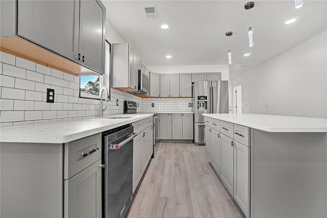 1938 Inman Dr, Anderson, SC 29625 - kitchen with appliances with stainless steel finishes, gray cabinets, light wood-style flooring, backsplash, and recessed lighting