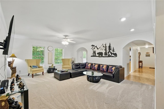 101 Jocassee Falls Rd, Salem, SC 29676 - carpeted living area with arched walkways, crown molding, ceiling fan, and recessed lighting