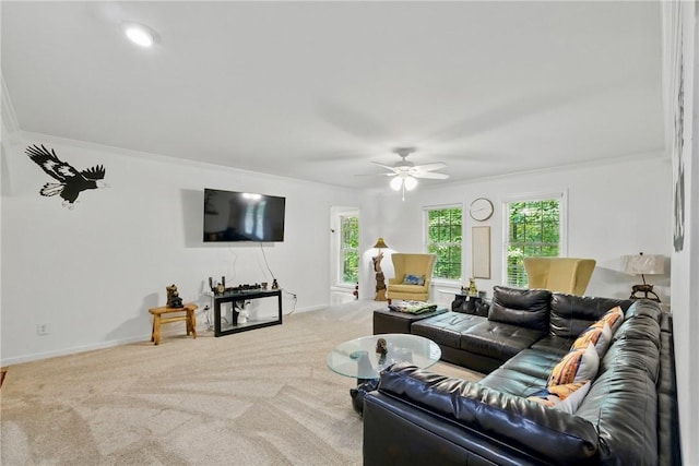 101 Jocassee Falls Rd, Salem, SC 29676 - carpeted living area featuring ornamental molding, plenty of natural light, and ceiling fan