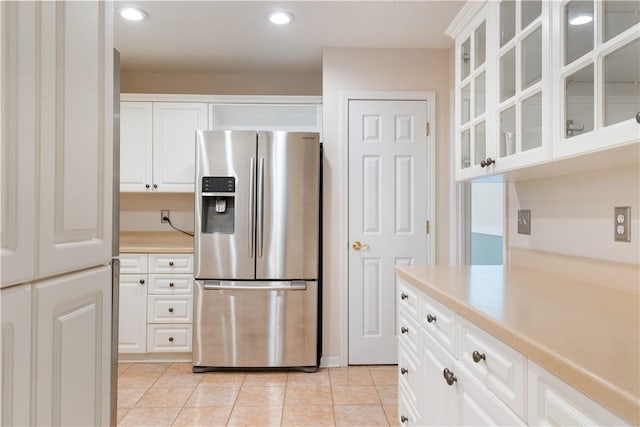 537 Sullivans Way, Seneca, SC 29678 - kitchen featuring stainless steel refrigerator with ice dispenser, light countertops, white cabinetry, and recessed lighting