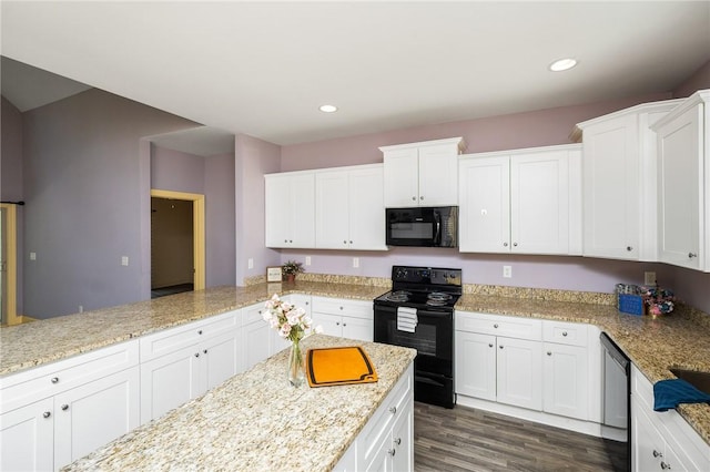 128 Willys Creek Cir, Pickens, SC 29671 - kitchen with black appliances, white cabinetry, dark wood-style flooring, recessed lighting, and light stone counters