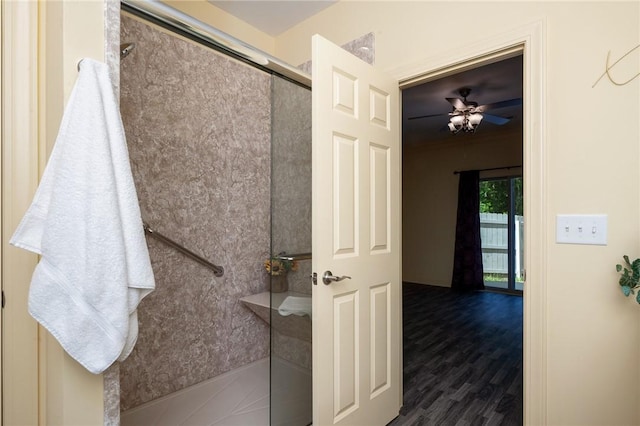 128 Willys Creek Cir, Pickens, SC 29671 - full bath featuring a shower with shower door, wood finished floors, and a ceiling fan