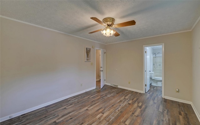 37 Cunningham Dr, Hartwell, GA 30643 - unfurnished bedroom featuring dark wood-type flooring, a textured ceiling, connected bathroom, ceiling fan, and ornamental molding
