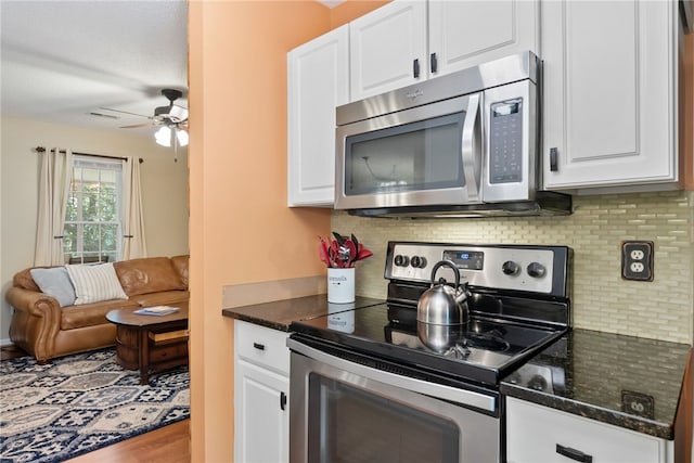 318 Weeping Willow Dr, Seneca, SC 29672 - kitchen featuring appliances with stainless steel finishes, tasteful backsplash, a ceiling fan, open floor plan, and white cabinetry