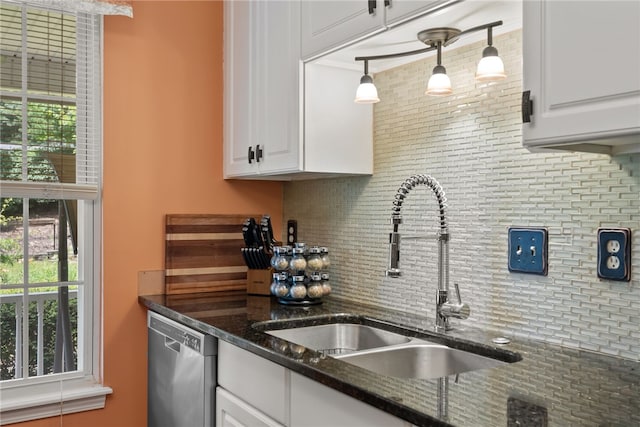 318 Weeping Willow Dr, Seneca, SC 29672 - kitchen featuring dishwasher, decorative backsplash, white cabinets, and dark stone counters