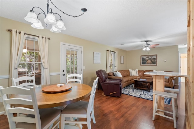 318 Weeping Willow Dr, Seneca, SC 29672 - dining room with wood finished floors, a chandelier, ceiling fan, and a textured ceiling