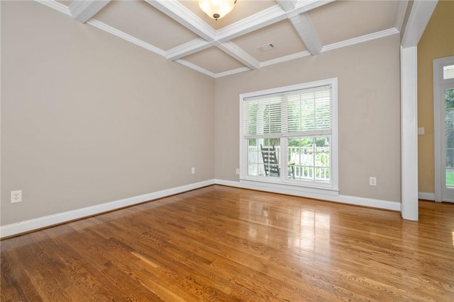 124 Bluestone Ct, Easley, SC 29642 - empty room with coffered ceiling, wood finished floors, beamed ceiling, and ornamental molding