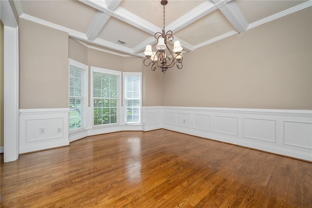 124 Bluestone Ct, Easley, SC 29642 - unfurnished room with coffered ceiling, a chandelier, beamed ceiling, wood finished floors, and a wainscoted wall