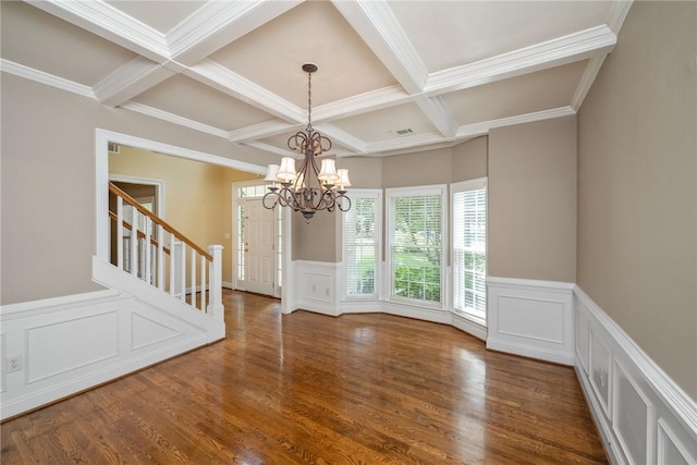 124 Bluestone Ct, Easley, SC 29642 - unfurnished room with coffered ceiling, a decorative wall, beam ceiling, a chandelier, and wood finished floors