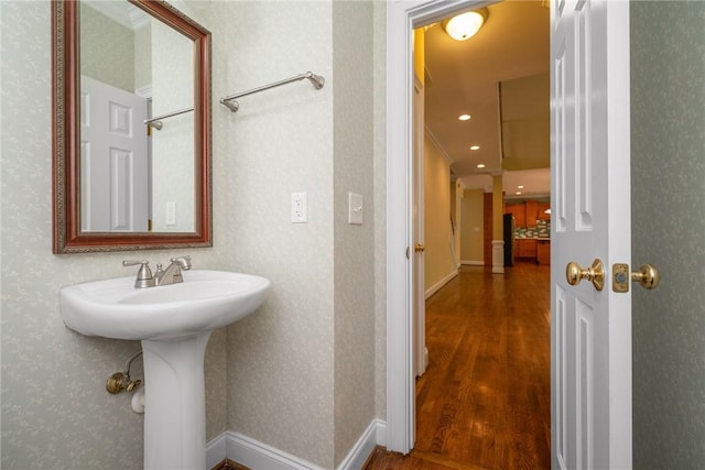 124 Bluestone Ct, Easley, SC 29642 - bathroom with wood finished floors, recessed lighting, and wallpapered walls