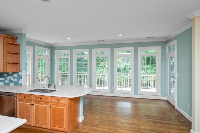 124 Bluestone Ct, Easley, SC 29642 - kitchen featuring stainless steel dishwasher, open shelves, a peninsula, light countertops, and light wood-style floors