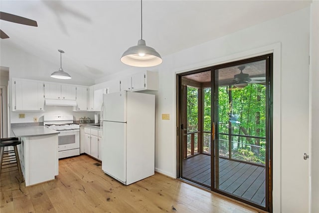 275 Lakeside Dr, Mountain Rest, SC 29664 - kitchen with white appliances, ceiling fan, under cabinet range hood, white cabinets, and light wood-type flooring