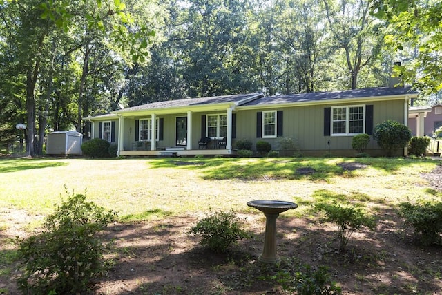 118 Nonna Ln, Seneca, SC 29678 - ranch-style home featuring a shed, covered porch, a front yard, and a chimney