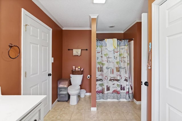118 Nonna Ln, Seneca, SC 29678 - full bathroom with vanity, ornamental molding, tile patterned flooring, curtained shower, and a textured ceiling
