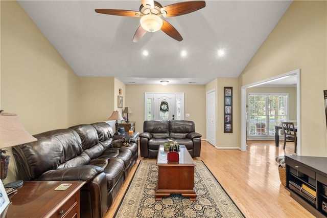15067 Beacon Ridge Dr, Seneca, SC 29678 - living room with light wood-style flooring, a ceiling fan, vaulted ceiling, and recessed lighting