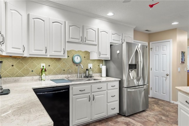 15067 Beacon Ridge Dr, Seneca, SC 29678 - kitchen with black dishwasher, stainless steel fridge with ice dispenser, white cabinetry, decorative backsplash, and recessed lighting