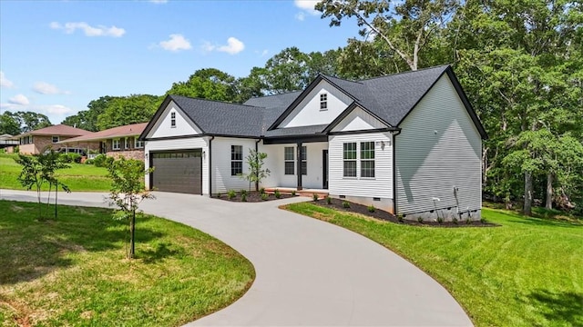 1205 Ramona Dr, Belton, SC 29627 - modern farmhouse featuring crawl space, concrete driveway, a front yard, and a garage