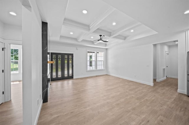 1205 Ramona Dr, Belton, SC 29627 - unfurnished living room featuring coffered ceiling, beam ceiling, healthy amount of natural light, recessed lighting, and light wood-style floors