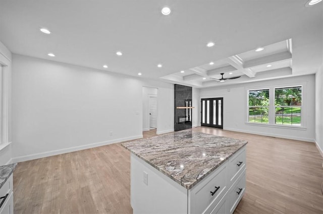 1205 Ramona Dr, Belton, SC 29627 - kitchen featuring coffered ceiling, open floor plan, a ceiling fan, recessed lighting, and light wood-type flooring