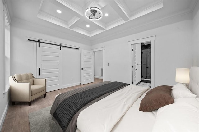 1205 Ramona Dr, Belton, SC 29627 - bedroom featuring crown molding, a barn door, coffered ceiling, beam ceiling, and light wood finished floors